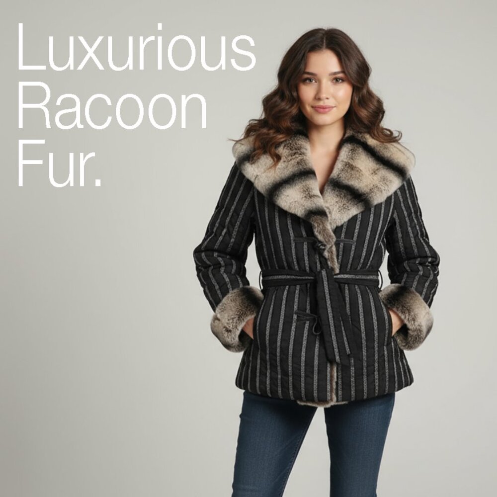 Rare, Vintage Daniela Vitali Raccoon Fur Jacket, Hooded,  Sz (US 10-12 )